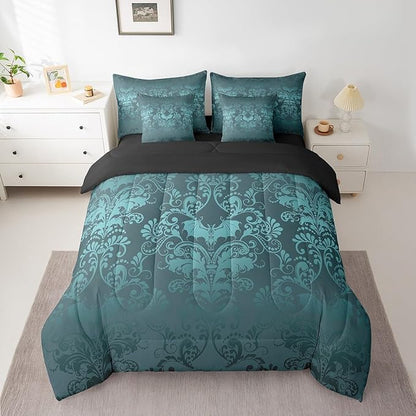 Erosebridal Gothic Damask Bed in a Bag King Size Comforter Set 7 Pieces,Halloween Bat Bedding Sets Turquoise Victorian Floral Goth Sheet Set with Comforter