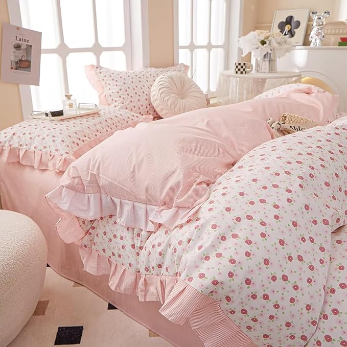 MKXI King Size Pink Floral Ruffle Comforter Set - 3 Piece Pastoral Ruffled Floral Comforter with Pillow Shams, Reversible Pink Flower & Striped Design, Soft Aesthetic Bedding Set for Teen Girls