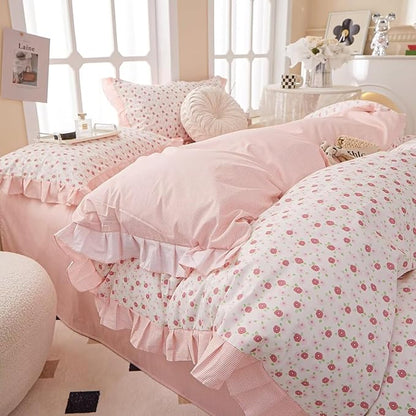MKXI King Size Pink Floral Ruffle Comforter Set - 3 Piece Pastoral Ruffled Floral Comforter with Pillow Shams, Reversible Pink Flower & Striped Design, Soft Aesthetic Bedding Set for Teen Girls