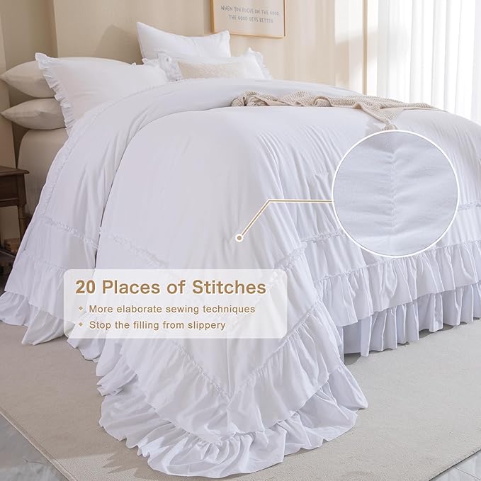 QSH Oversized King Comforter Set 120x120, White Farmhouse Ruffled Bed Comforter Shabby French Country Rustic Vintage Bedding Comforter Microfiber Soft Lightweight Fluffy Bedding 3 PCs