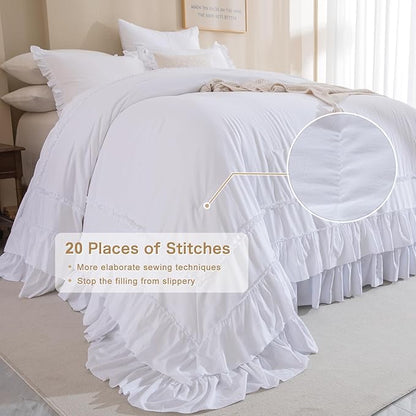 QSH Oversized King Comforter Set 120x120, White Farmhouse Ruffled Bed Comforter Shabby French Country Rustic Vintage Bedding Comforter Microfiber Soft Lightweight Fluffy Bedding 3 PCs