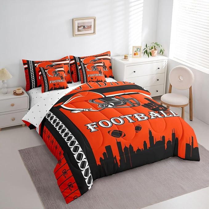 Feelyou Football 7 Pieces Comforter Sets Rugby Sports Bedding Set for All Season Queen Size Football City Bed in a Bag with Comforter, Sheets, Pillowcases & Cushion Cover