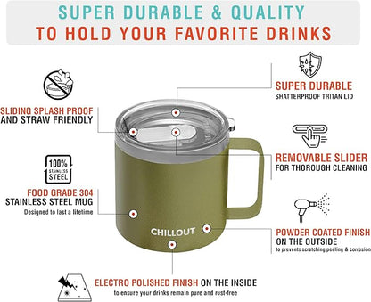 CHILLOUT LIFE Stainless Steel 16 oz (Set of 2) Vacuum Insulated Coffee Mug with Handle and Lid, Large Thermal Camping Coffee Mugs with Sliding Lid for Men & Women