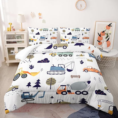 Cartoon Car Comforter Sets King Size，Bedding Sets 3PCS for Kids,Construction Excavator Bedding Sets All Season 1 Comforter and 2 Pillowcases
