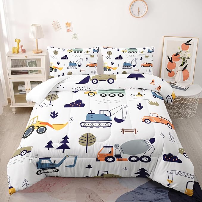 Cartoon Car Comforter Sets Twin Size，Bedding Sets for Kids,Construction Excavator Comforter Sets All Season 1 Comforter and 2 Pillowcases