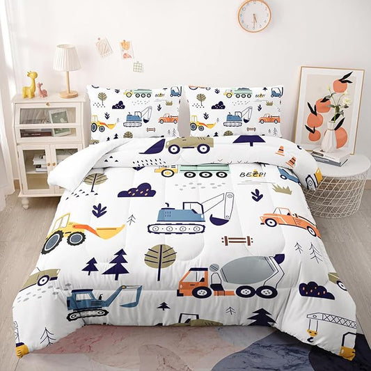 Cartoon Car Comforter Sets King Size，Bedding Sets 3PCS for Kids,Construction Excavator Bedding Sets All Season 1 Comforter and 2 Pillowcases
