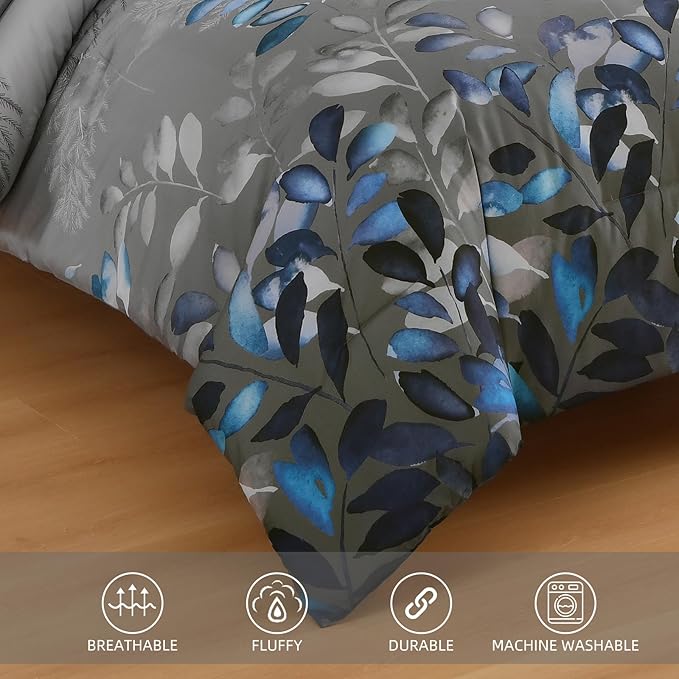Anibedding 7 Pieces King Size Comforter Set, Grey Blue Botanical Gradient Leaves Ultra Soft Microfiber Down Alternative Bedding Set with Sheets and Pillowcase for All Season