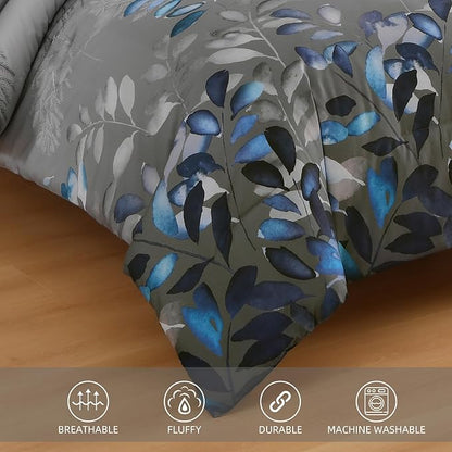 Anibedding Botanical Queen Comforter Set, 7 Piece Grey Blue Leaves Ultra Soft Microfiber Down Alternative Bedding Set with Sheets and Pillowcase for All Season