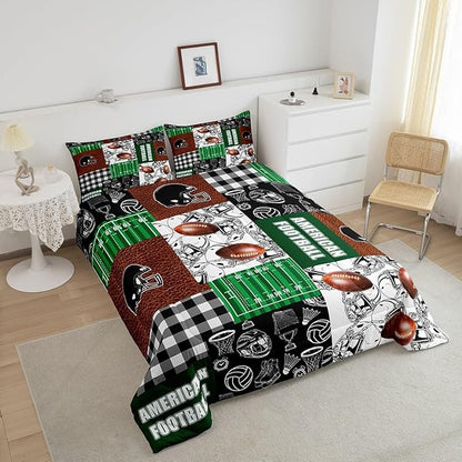Feelyou Rugby Comforter Set King Size Soccer Ball Game Comforter for Boys Girls Teens Football Bedding Set Gift for Football Lover Duvet Set Green Brown Black Quilt Set
