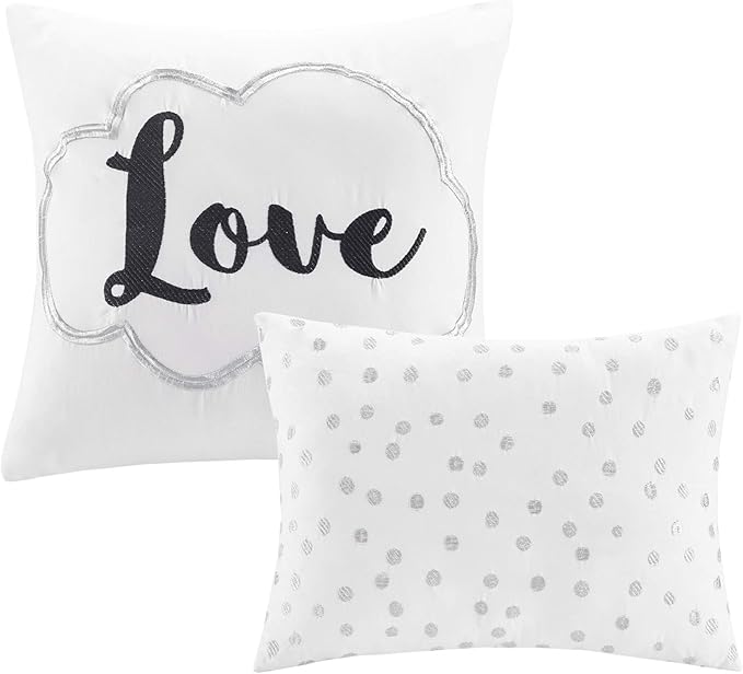Intelligent Design Raina Full/Queen Comforter Set, Soft Microfiber, Modern Geometric Metallic Bed Set, 5 Pieces College Bedding with 2 Shams, 2 Toss Pillows White/Silver