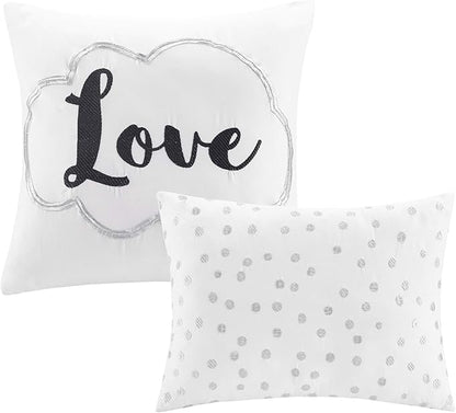 Intelligent Design Raina King/Cal King Comforter Set, Soft Microfiber, Modern Geometric Metallic Bed Set, 5 Pieces College Bedding with 2 Shams, 2 Toss Pillows White/Silver