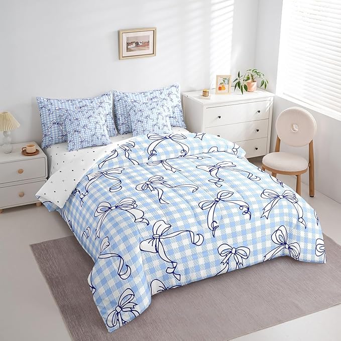 Feelyou Kawaii Bow Bedding Set for All Season Plaid Girls Bow 7 Pieces Comforter Sets Queen Size Teens Room Decor Cute Bowknot Bed in a Bag with Comforter, Sheets, Pillowcases & Cushion Cover