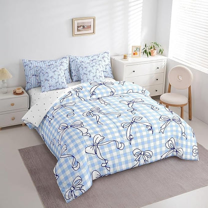 Feelyou Kawaii Bow Bedding Set for All Season Plaid Girls Bow 7 Pieces Comforter Sets Queen Size Teens Room Decor Cute Bowknot Bed in a Bag with Comforter, Sheets, Pillowcases & Cushion Cover