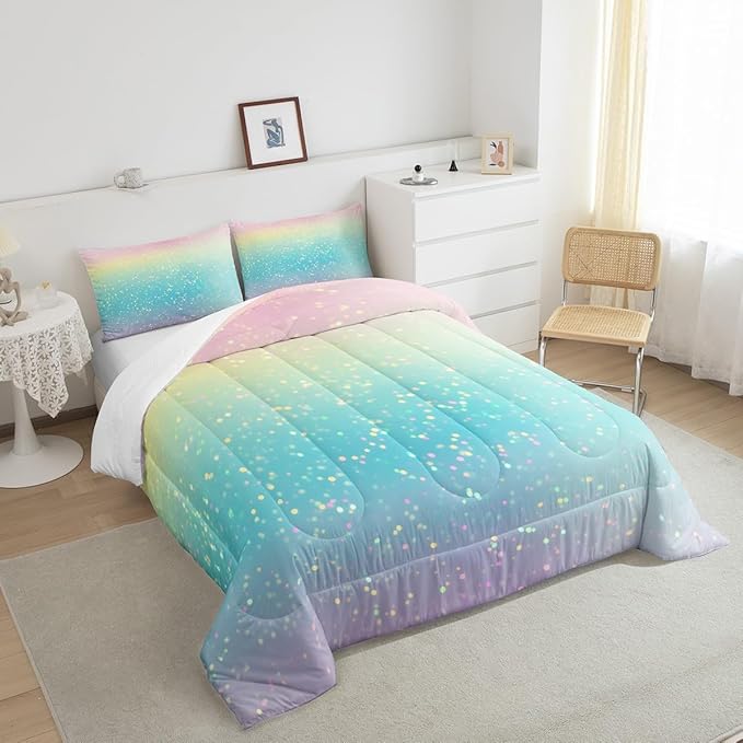 Rainbow Comforter Set King Size Tie Dye Pastel Bedding Comforter Sets for Boys Girls Kids Bedroom Decor, Glitter Galaxy Bedding Ink Pastel Printing Duvet Insert with 2 Pillowcases, Pink Blue Yellow
