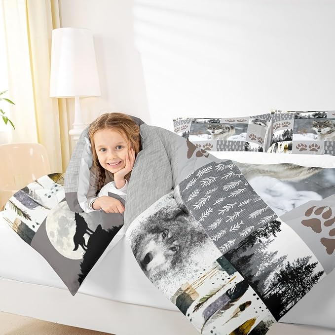 Manfei Wolf Kids Comforter Set Full Size,Wolf Paws Print Pine Trees Wild Adventure Bedding Set,Boys Girls Adults Room Decor,Geometric Plaids Patchwork Down Comforter,Rustic Duvet Insert,2 Pillowcases