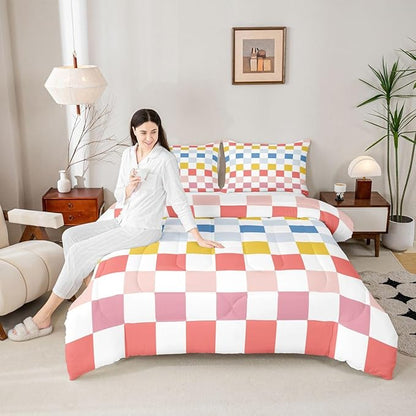 Feelyou Multicolored Checkered Retro Kids Comforter Set Toddler Size Geometric Cute Bedding Set Colorful Duvet Quilt for Kids Boys Girls Bedroom Modern Groovy Aesthetic Decor