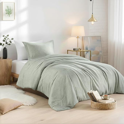 Twin/Twin XL Size Comforter Set, Lightweight Sage Green Soft Bedding for All Seasons, 2 Pieces Chambray Print Solid Farmhouse Bed Set, Comforter & Sham