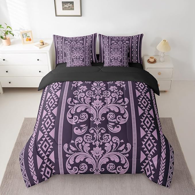 Comforter Set Queen Size, Lilac Aztec Damask 7 Pcs Bedding for Kids and Adults, Victorian Decor Western Baroque Goth Bed Sheet Sets with Fitted Sheet 2 Pillowcases & 2 Shams for Bedroom Bed Decor