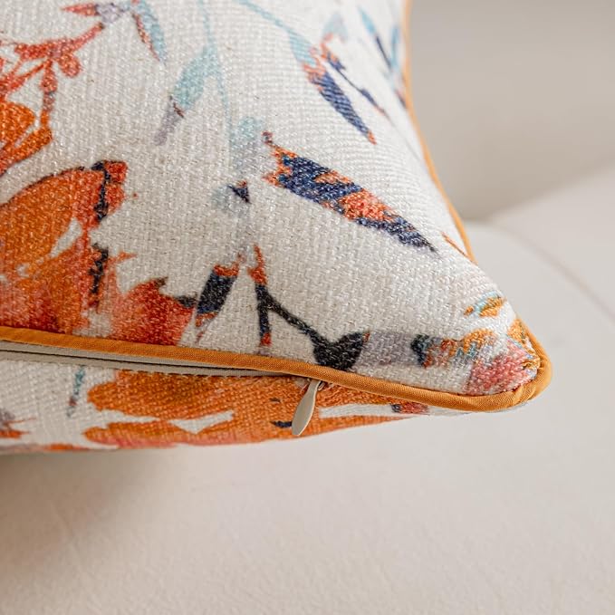 Throw Pillow Covers with Insert Included, with Embroidered Detail, 18 x 18 inches, Decorative Throw Pillow for Sofa Couch Bed (Orange Floral, 18" L x 18" W)