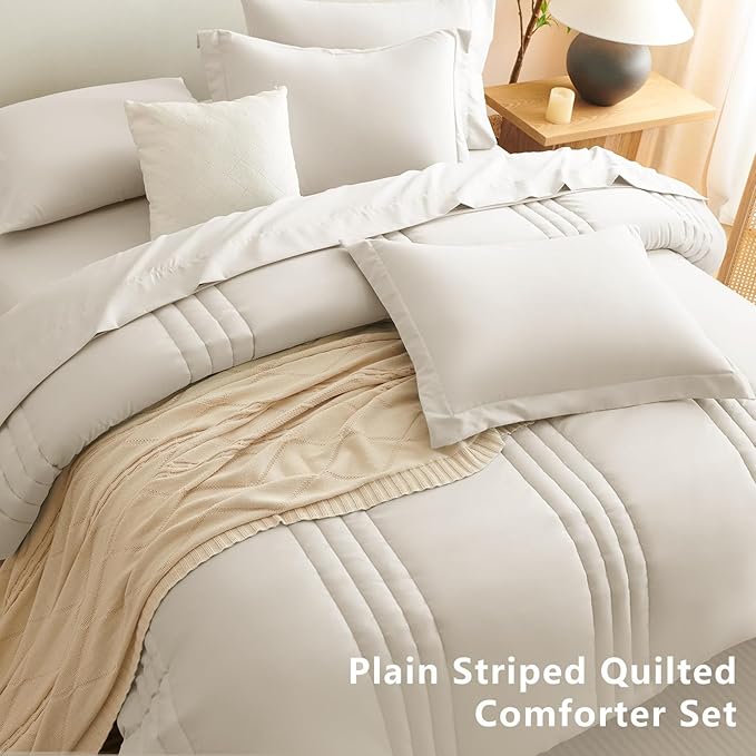 CozyLux Full Size Comforter Sets - 7 Piece Bed in a Bag Beige Comforter Set with Sheets Luxury Bed Set All Seasons, Soft Bedding Set with Down Alternative Comforter, Sheets, Pillowcases & Shams