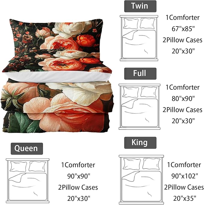 Colorful Flower Comforter Set Full Size 3 PCS Bed in a Bag,Cute Floral Bedding Set for Girls Teens,Ultra Soft Microfiber Comforter Bed Set with 3-Pieces, Floral Bedroom Decor