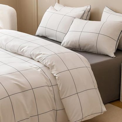 KAREVER White Grid Comforter Cal King Women Black Square Lines Checkered Bedding Set California King White Plaid Comforter Cal King Size