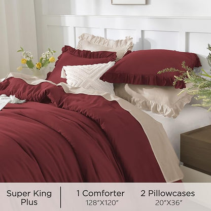 Andency Oversized King Comforter Set 128x120, 3 Pieces Burgundy Ruffle Shabby Chic Famhouse Bedding Set for Women, Lightweight Fluffy Super King Plus Bed Set for Girls