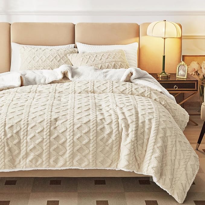 Joyreap 3-Piece Fluffy Faux Fur Sherpa Comforter Set Beige, Queen Size Luxury Tufted Bedding Comforter Set, All Season Soft n Cozy Plush Comforter Bed Set- 88x88 inches