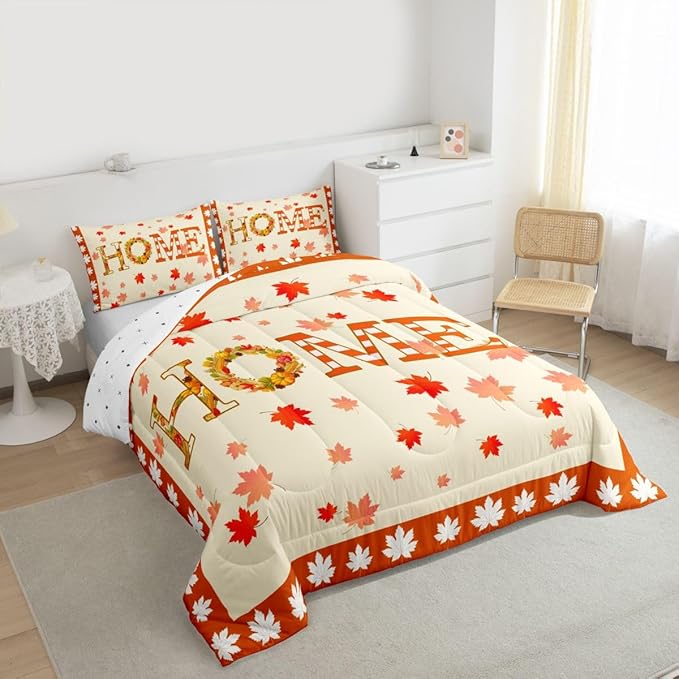 Fall Decor For Bedroom,Maple Leaf Pumpkin Wreaths Comforter Set King Fall Thanksgiving Quilt Bedding Sets For Home,Rustic Farmhouse Comforter Soft Lightweight For All Season Orange 2 Pillow Cases