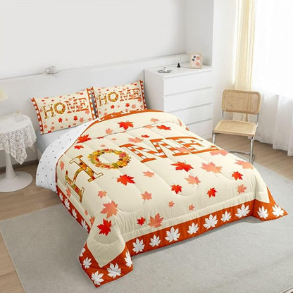 Fall Decor For Bedroom,Maple Leaf Pumpkin Wreaths Comforter Set King Fall Thanksgiving Quilt Bedding Sets For Home,Rustic Farmhouse Comforter Soft Lightweight For All Season Orange 2 Pillow Cases