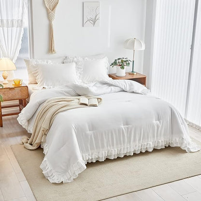 White Ruffled Comforter Set King Size, 3 Pieces (1 Ruffled Comforter and 2 Pillowcases) Farmhouse Shabby Chic Style with 2 Layers Ruffle, Solid Color Lightweight Fluffy Bedding Sets for All Season