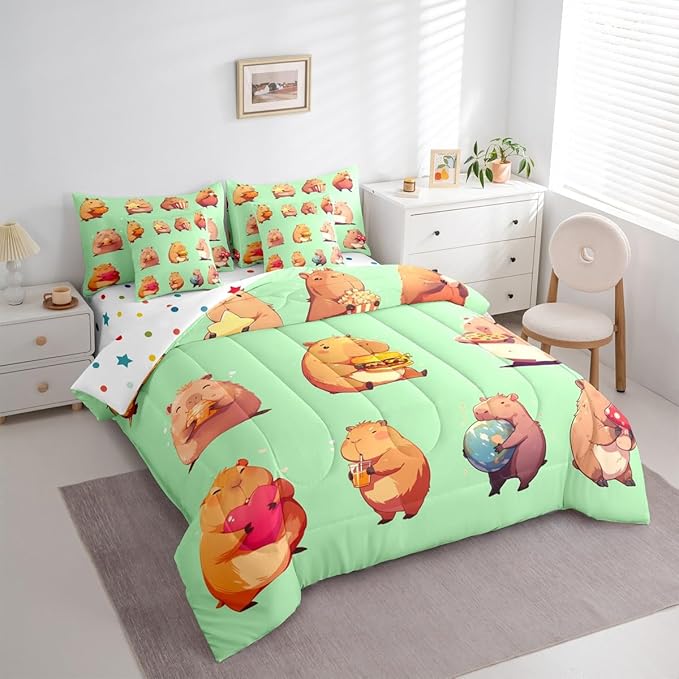 Erosebridal Funny Capybaras 7 Pieces Bedding Set King,Capybara Lover Bed in a Bag,Cartoon Rodents Bed Set Includes Comforter,Sheet Set,Pillowcases & Pillow Covers,Green Khaki Capybara Bedroom Decor