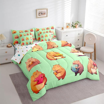 Erosebridal Funny Capybaras 7 Pieces Bedding Set King,Capybara Lover Bed in a Bag,Cartoon Rodents Bed Set Includes Comforter,Sheet Set,Pillowcases & Pillow Covers,Green Khaki Capybara Bedroom Decor