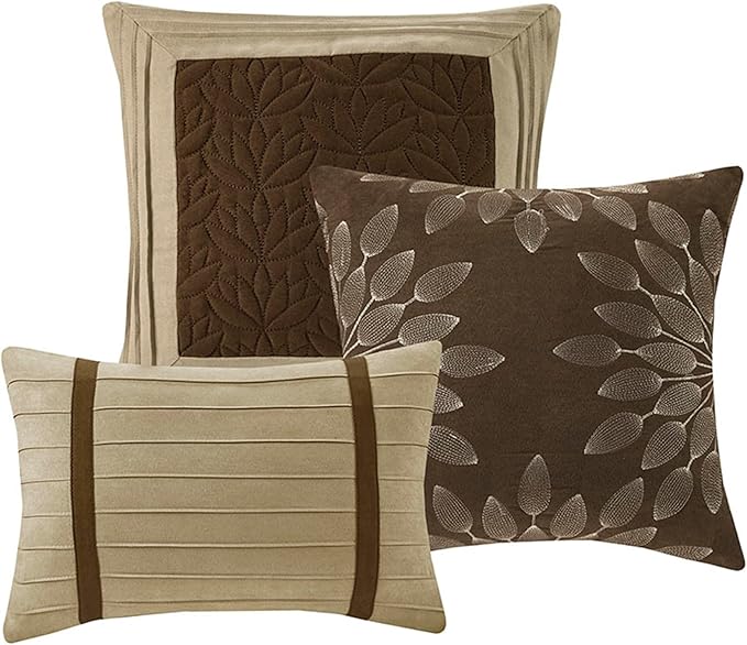 Madison Park Palmer Comforter Set-Luxury Faux Suede Design, Striped Accent, All Season Down Alternative Bedding, Matching Shams, Decorative Pillow, Bed Skirt, Queen (90 in x 90 in), Natural 7 Piece