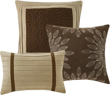 Madison Park Palmer Comforter Set-Luxury Faux Suede Design, Striped Accent, All Season Down Alternative Bedding, Matching Shams, Decorative Pillow, Bed Skirt, Queen (90 in x 90 in), Natural 7 Piece
