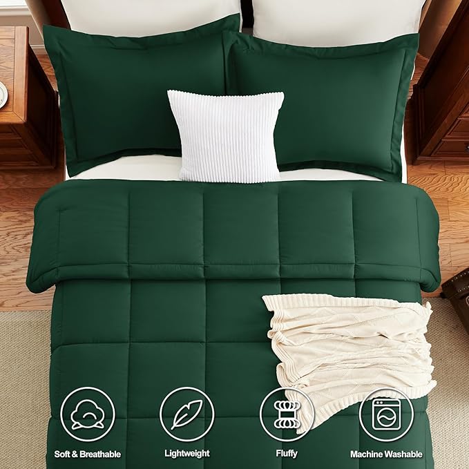 CozyLux Queen Comforter Set - Emerald Green Comforters Queen Size, 3 Pieces Box Stitched Bed Set for All Seasons, Soft Lightweight Bedding Sets with 1 Down Alternative Comforter and 2 Pillow Shams