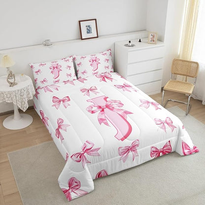 Erosebridal Kawaii Bowknot Girls Bedding Set Dreamy Princess Style Toddler Comforter Set for Kids Teen Women,Cute Initial Letter J Bow Bedding Comforter Sets Pink Chic Girly Bed Set Bedroom Decor