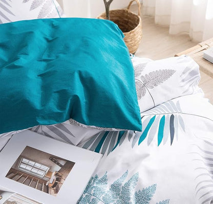 SLEEPBELLA Comforter Twin Size, 600 Thread Count Cotton Blue Floral with Khaki & Grey Leaves Pattern White Reversible Comforter Set,Down Alternative Bedding Set 2Pcs(Twin, Blue Botanical)