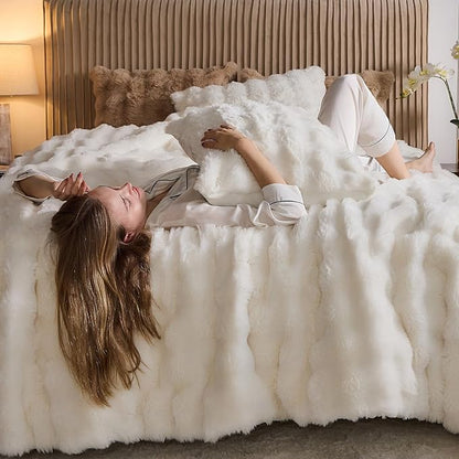 Lotus Karen Faux Fur Queen Comforter Set – Cream White Fluffy Comforter Queen Size, Big Bubble Faux Rabbit Fur Bedding Comforter Sets, Warm Cozy Fuzzy Bed Set 3 Pieces, 1 Comforter and 2 Pillowcases