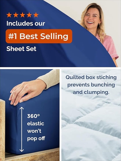 Twin Comforter Set - 2 Piece Bed Set for All Seasons - 1 Soft Quilted Comforter with Corner Tabs & 1 Pillow Sham - Comfy, Cozy & Breathable - Premium Down Duvet Insert - Twin Size, Navy Blue/Sky Blue