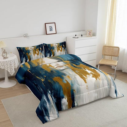 Erosebridal Aesthetic Ombre Comforter Full Abstract Girl Bedding Set, Navy Blue Yellow White Down Comforter Mid Century Oil Painting Bed Set, Watercolor Gradient Quilted Duvet Luxury