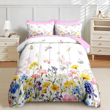 Nesker 5 Pcs Spring Comforter Set Twin Size, Pink Yellow Floral Bedding Set for Kids and Adults, Colorful Butterfly Bed Sheet Sets with Fitted Sheet Pillowcase & Sham