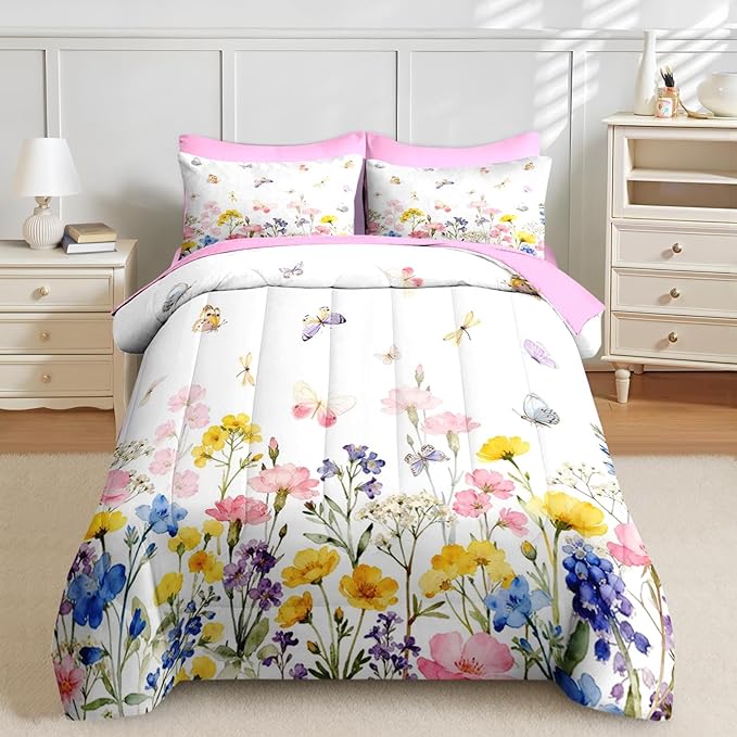 Nesker 7 Pcs Spring Comforter Set King Size, Pink Yellow Floral Bedding Set for Kids and Adults, Colorful Butterfly Bed Sheet Sets with Fitted Sheet 2 Pillowcases & 2 Shams