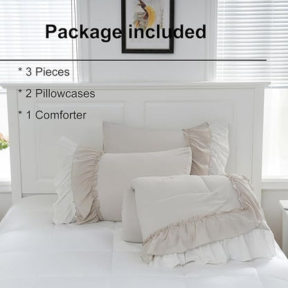 Boho Comforter Queen Shabby Chic Bedding Comforter Set 2 Layers Bohemian Ruffles Home Decor Farmhouse Comforter Cream Bed Comforters