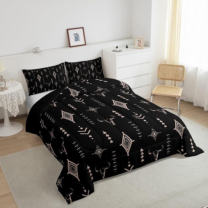 Feelyou Rustic Western Bedding Set King Size Kids Western Tribal Bull Skull Comforter Adult Black Brown Boho Ethnic Aztec Cow Pattern Comforter Set