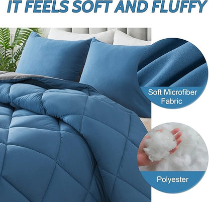 Decroom Lightweight Queen Comforter Set with 2 Pillow Sham - 3 Pieces Set - Quilted Down Alternative Comforter/Duvet Insert for All Season - Grayish Blue/Grey - Queen Size
