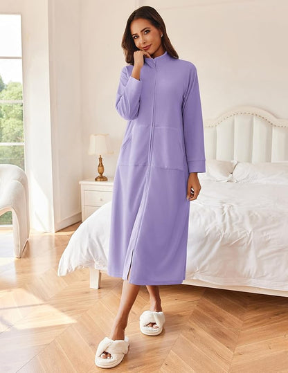 Ekouaer Women Zipper Robe Long Sleeves House Coat Soft Bathrobe Sleepwear with Pockets Housecoat Loungewear