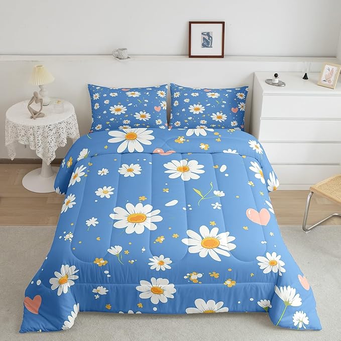 Manfei Cute Daisy Comforter Set King Size, White Flower Floral Bedding Set 3pcs for Kids Boys Girls Bedroom Decor, Botanical Garden Artwork Quilt Set Polyester Duvet Set with 2 Pillowcases