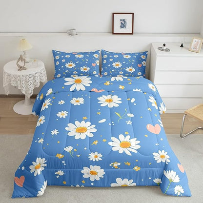 Manfei Cute Daisy Comforter Set King Size, White Flower Floral Bedding Set 3pcs for Kids Boys Girls Bedroom Decor, Botanical Garden Artwork Quilt Set Polyester Duvet Set with 2 Pillowcases