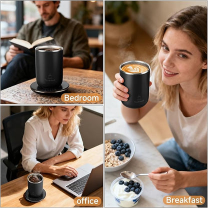 Heated Coffee Mug 11oz,Self Stirring Electric Mug with Temperature Control & Auto Shut-Off,Stainless Steel Smart Coffee Cup with Detachable Heating Base for Desk,Office,Home,Gifts for Women(Black)